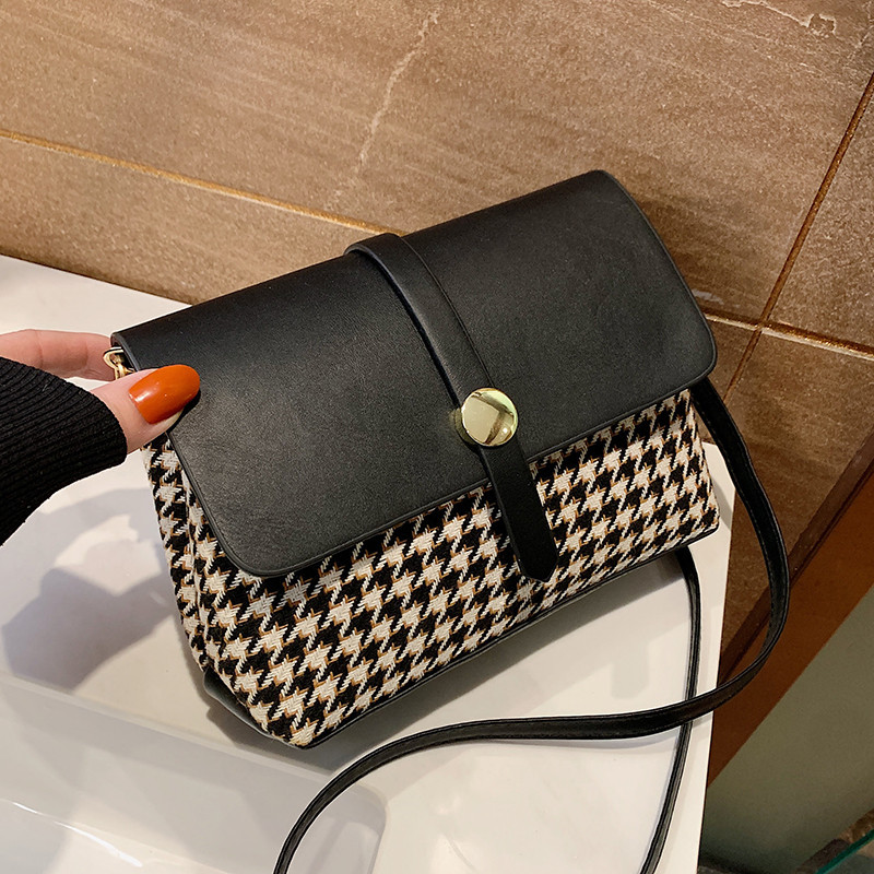 Popular Ins Fashion Woolen Fabric Bag Female 2023 Spring Concise Plaid Small Square Bag Casual Shoulder Messenger Bag