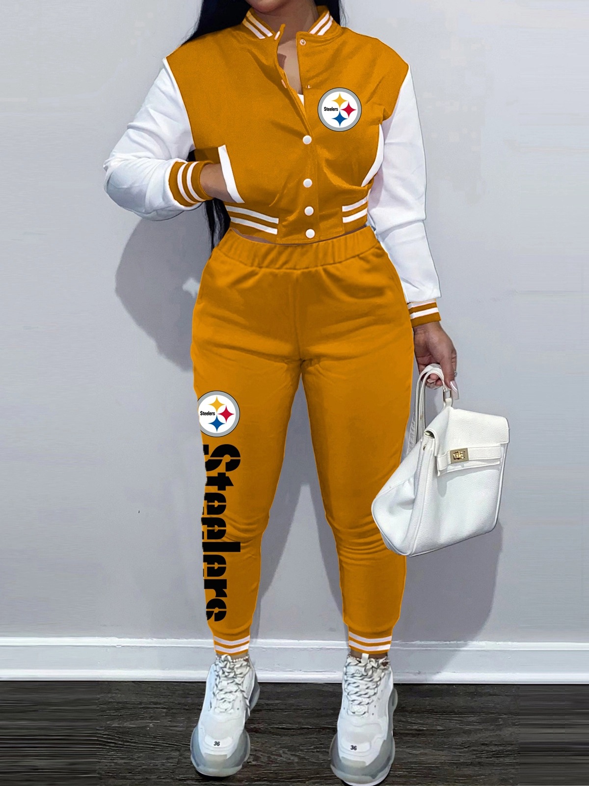 欧美外贸女装套装nfl橄榄球服女式夹克套装单排扣长袖棒球服长裤