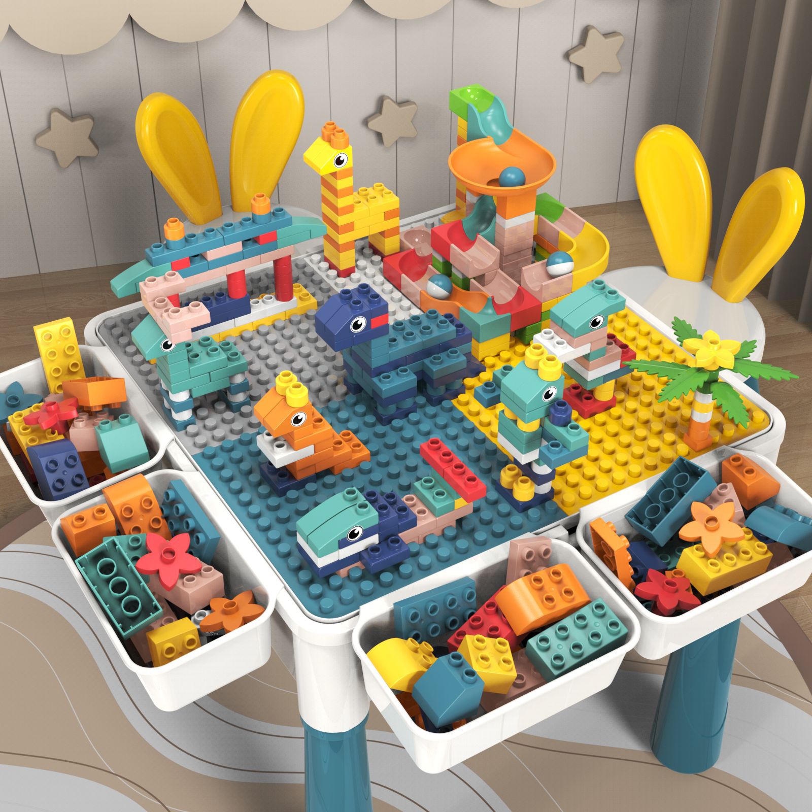 儿童积木桌子兼容乐高大颗粒拼装益智玩具宝宝多功能学习桌椅套餐