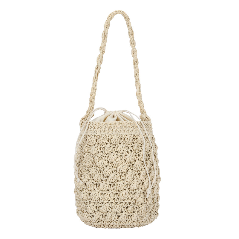 2021 New Drawstring Woven Shoulder Handbag Casual Vacation Seaside Beach Bag Summer Straw Bucket Bag