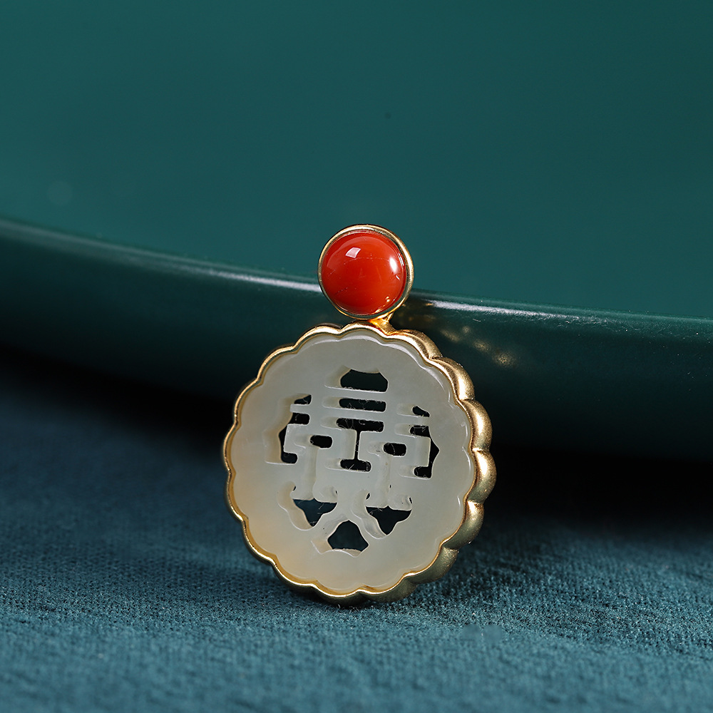 人品银品 s925银镀金和田玉镂空雕刻双喜吊坠 时尚简约女式吊坠