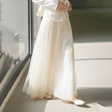 新中式飘逸仙女半身裙 春装新款 白色国风复古长款网纱裙B0206