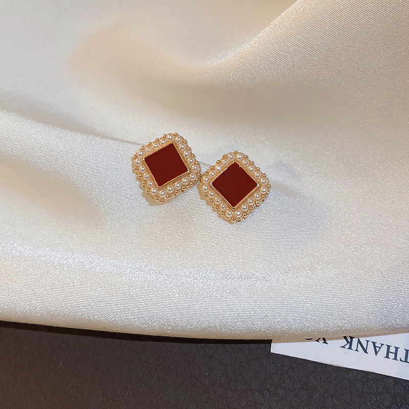 Silver Stud Rhinestone-Encrusted Red Lint Bowknot Earrings Autumn and Winter Wild Earrings Fashion Vintage Earrings Factory Wholesale