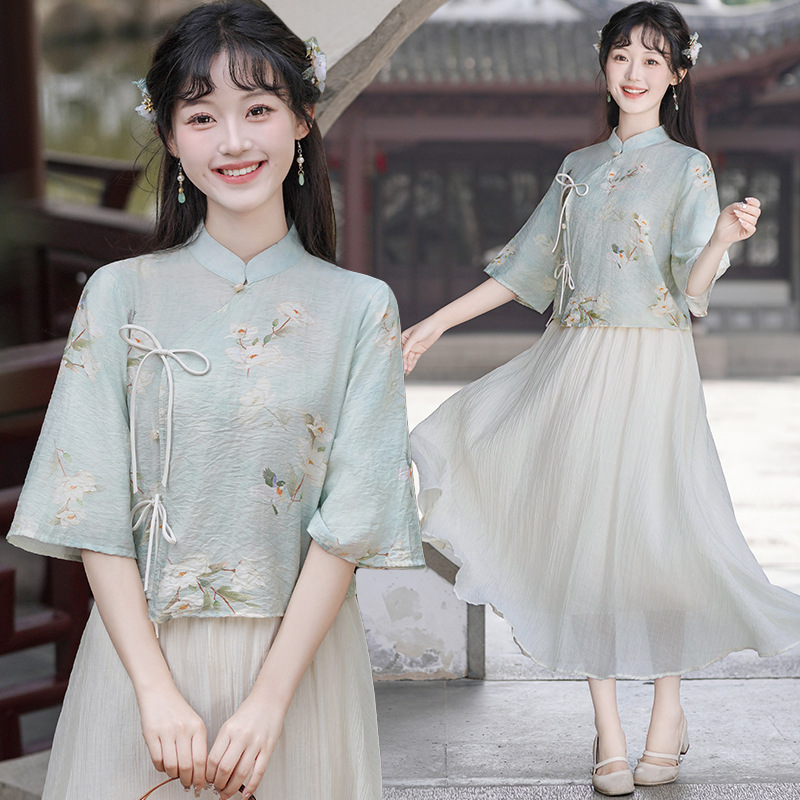 2024新中式国风套装改良旗袍连衣裙两件套仙气麻棉文艺少女套装