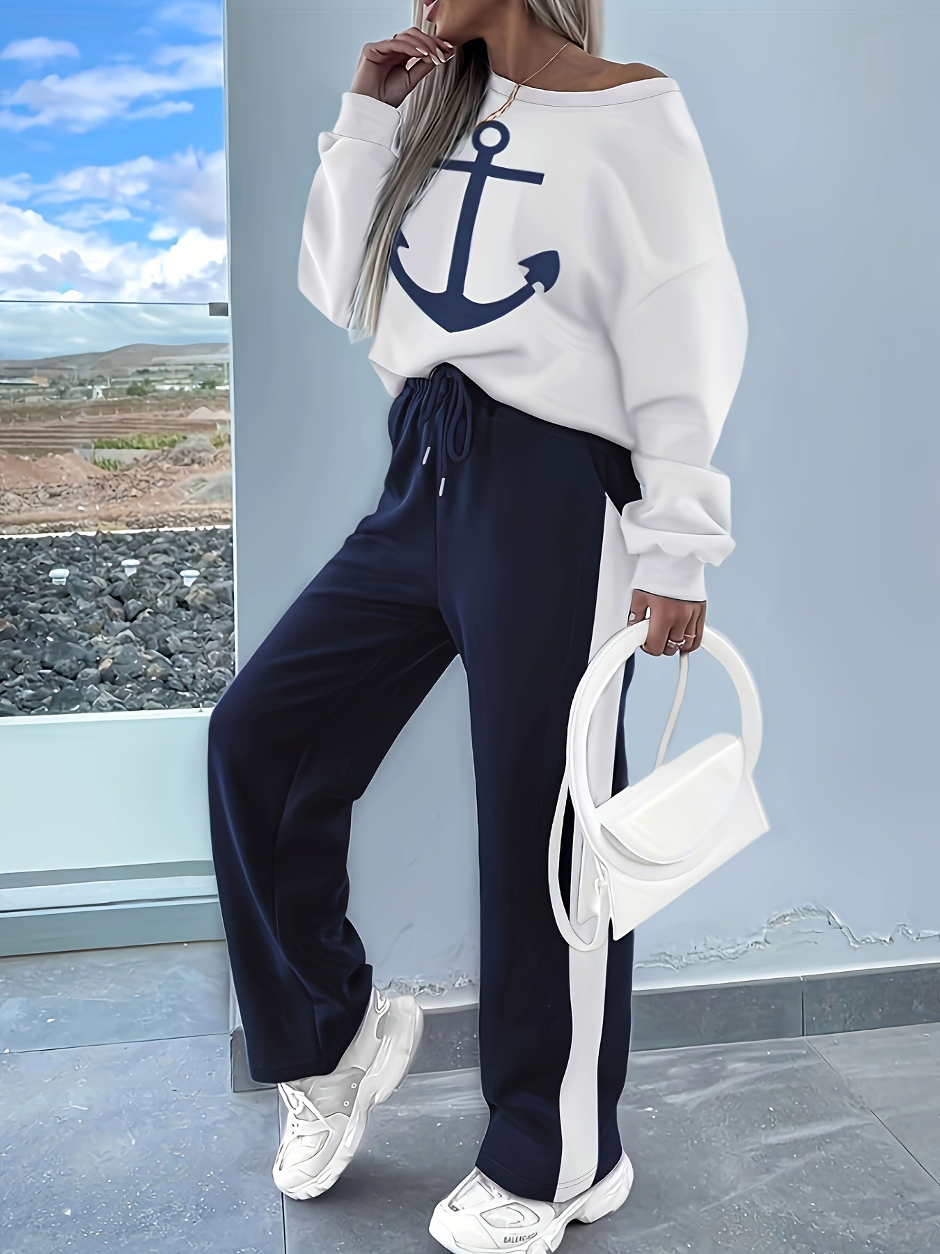 【女士套装】美式街头新款斜领露肩t恤上衣 纯色休闲长裤两件套女