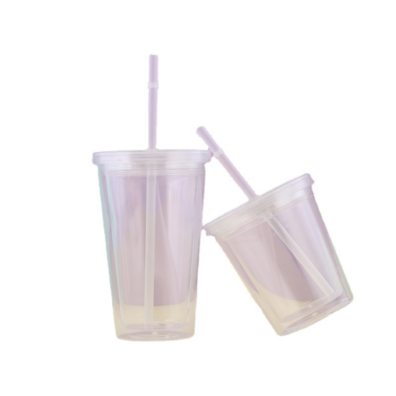 Double Plastic Straw Cup Milk Tea Juice Cup with Straw Large Capacity Insert Paper Good-looking Water Cup