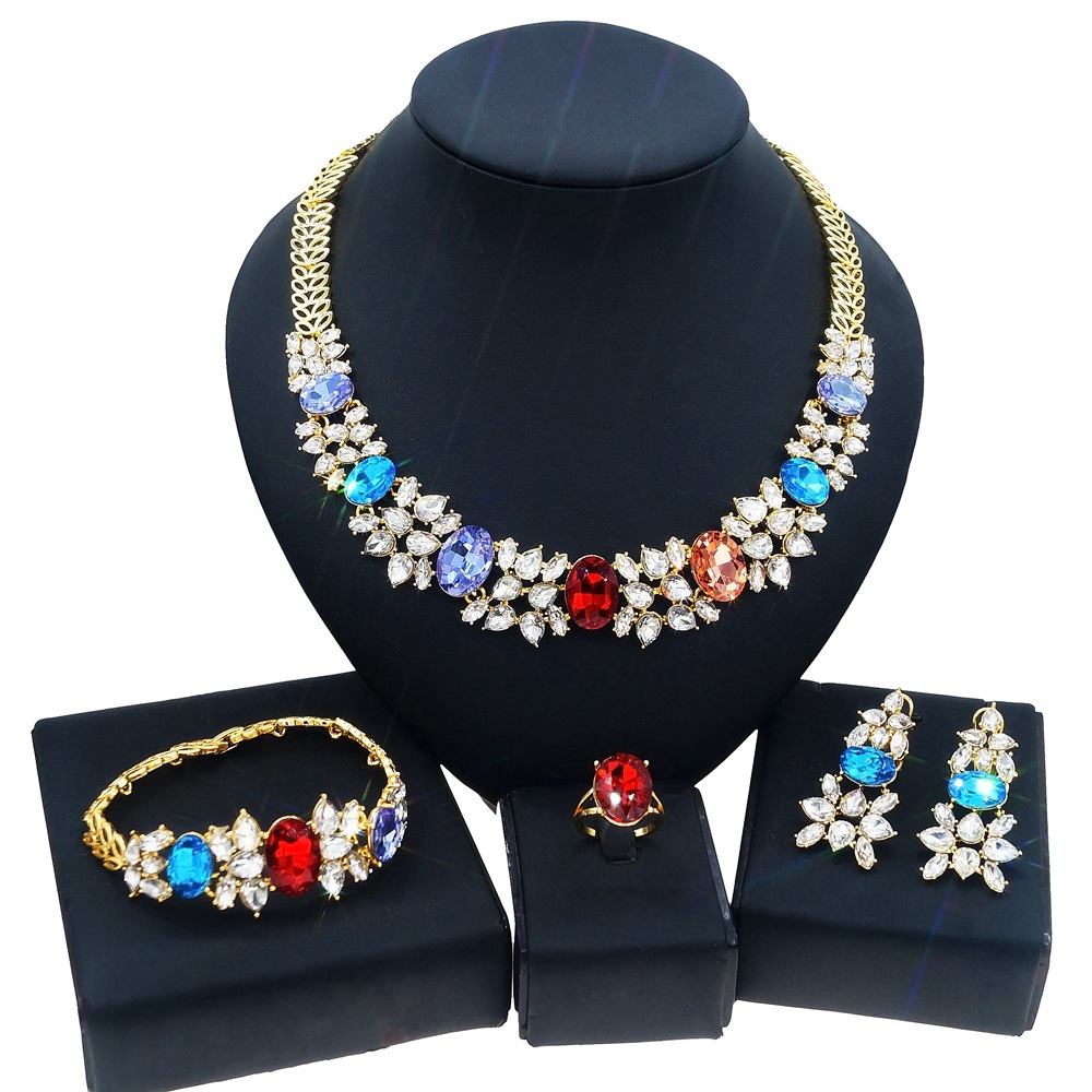 迪拜金镶钻珠宝首饰套装镀真金项链耳环手链戒指合金首饰套装