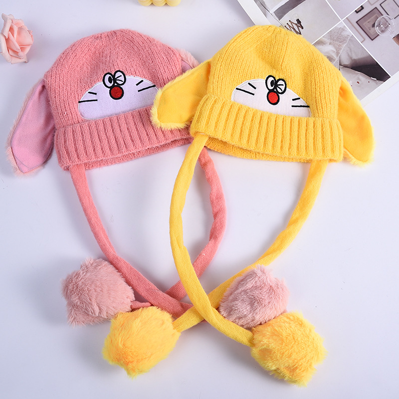 Autumn and Winter Cute Cartoon Children's Warm Ears Moving Hat Boys and Girls Baby Knitted Wool Fluffy Ball Cap Wholesale