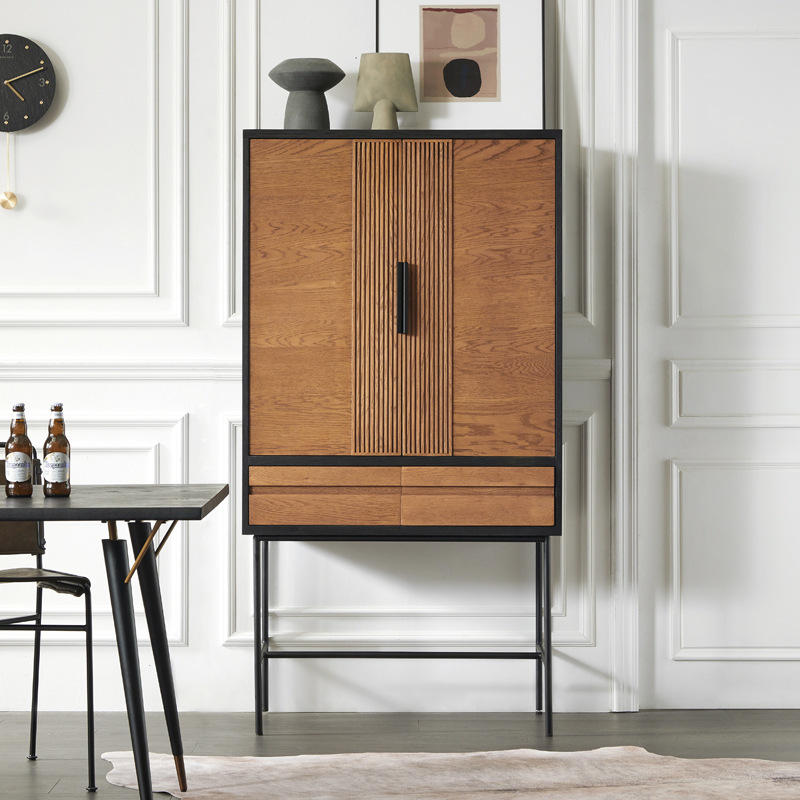 现代简约拼色收纳储物侘寂风设计师实木高餐边柜立柜中古复古酒柜