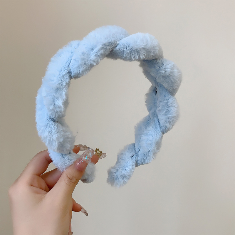 Solid Color Twist Fluffy Hair Band Cute Furry Headband High Skull Top Hairband Face Wash Hair Fixer Wide Side and All-Match Headdress