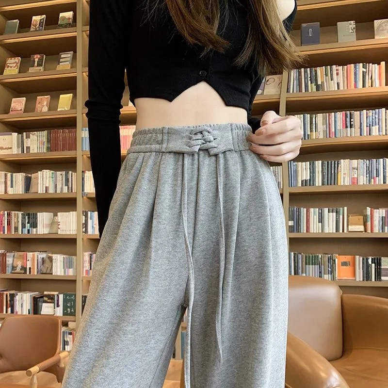 Gray Wide-Leg Pants Women's Spring and Autumn 2023 New Lace-up Sports Pants High Waist Drooping Straight Mop Casual Sweatpants