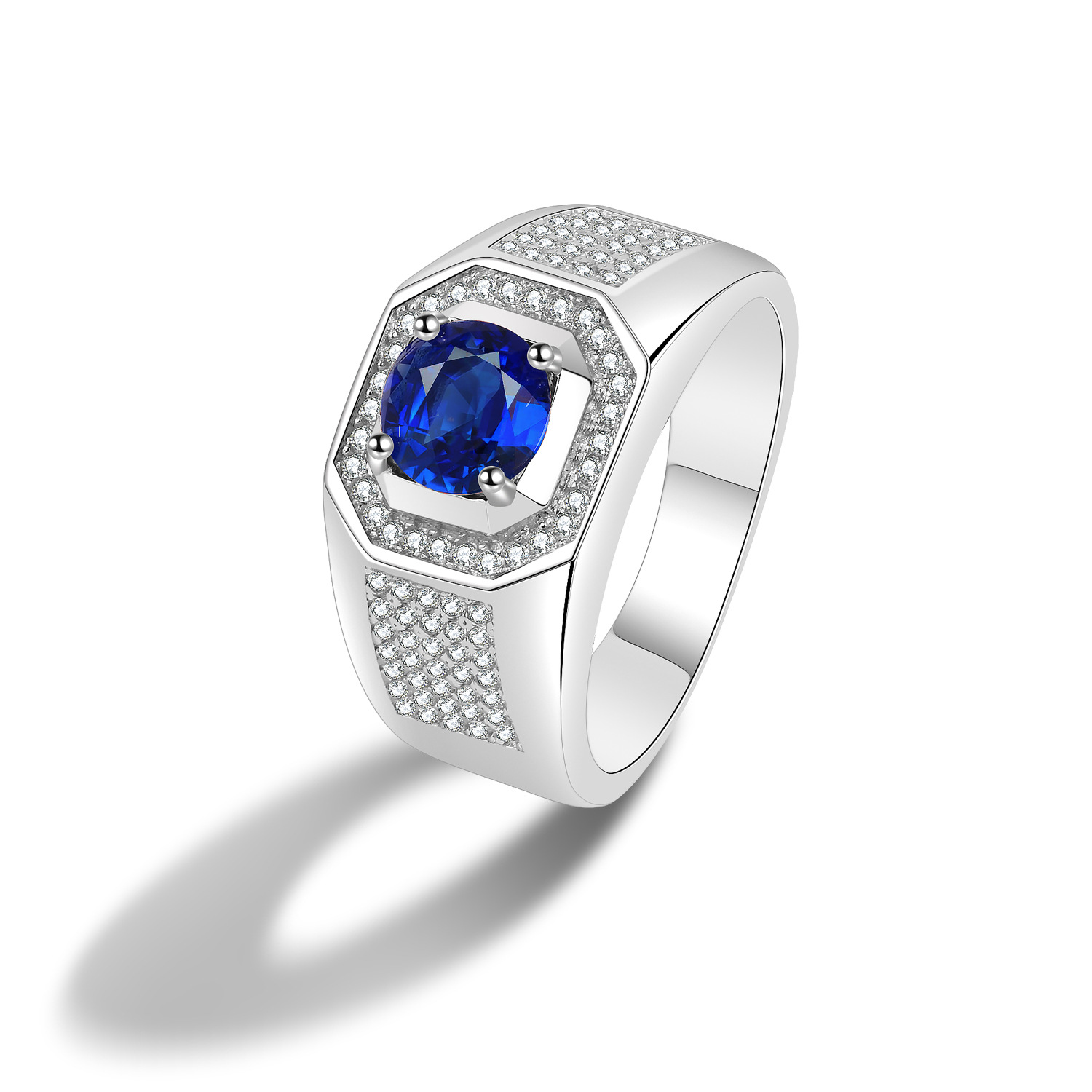 跨境s925纯银男戒指个性复古蓝宝石密嵌细钻大气指环饰品男士戒指