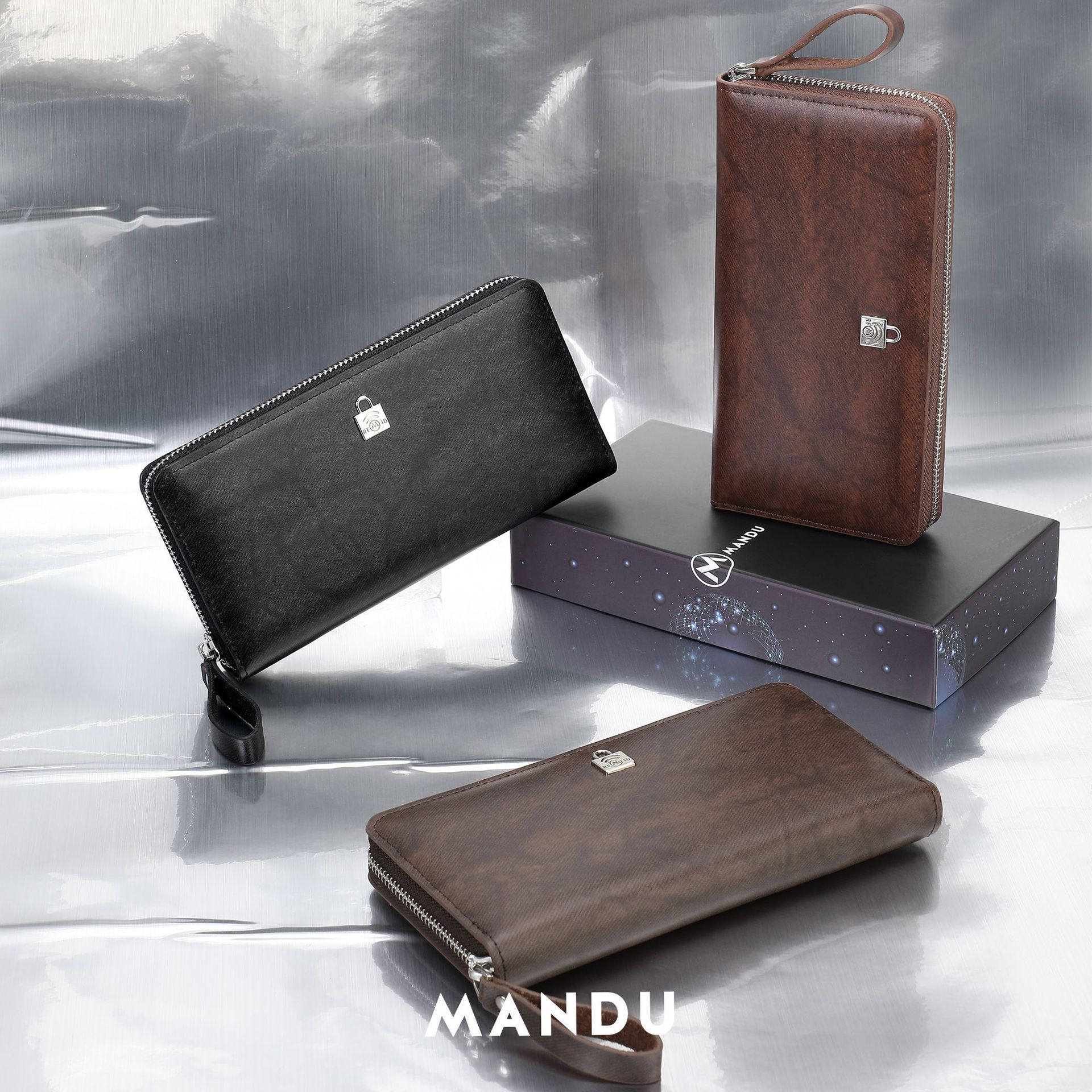 mandu漫度男士钱包新款手抓包男士长款拉链手机包大容量零钱包男