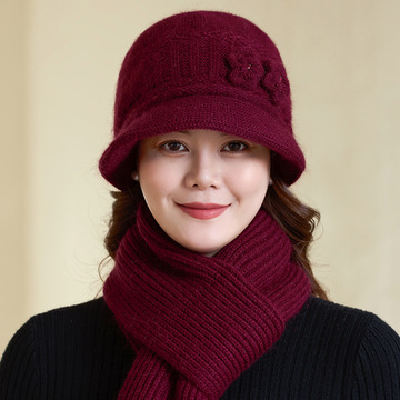 秋冬新款渔夫针织帽女士 加绒加厚保暖盆帽 中老年人毛线帽奶奶帽