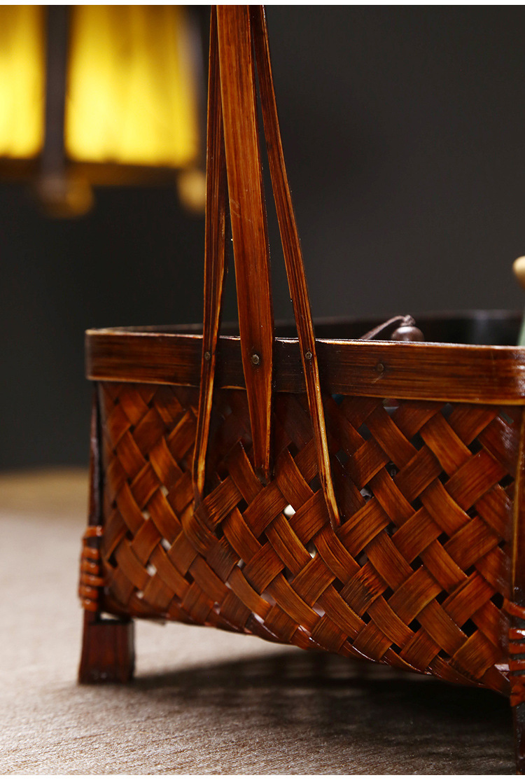 纯手工竹编提篮复古家用茶具收纳篮水果竹制品户外采摘篮野餐篮