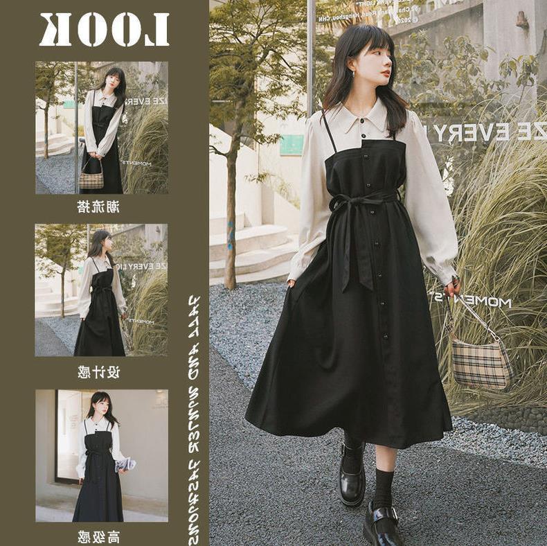 2023 Early Spring and Summer New Fake Two-Piece Long Sleeve French Dress Women's Slimming Hepburn Style Shirt Large Size Black Dress