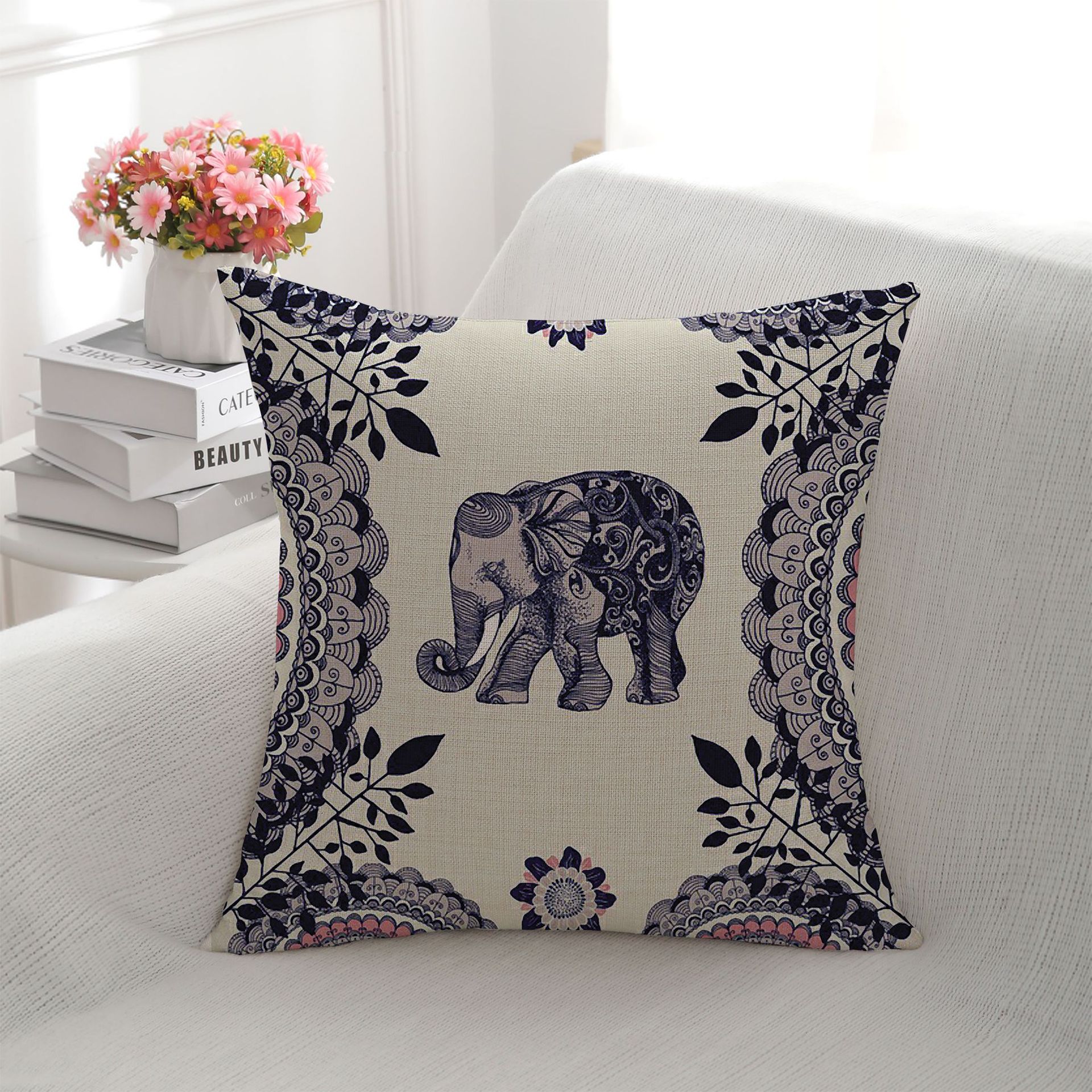 Cross-Border Hot Selling Retro Elephant Pillow Cover Living Room Sofa Cushion Cover Digital Printing Linen Back Cushion Pillow