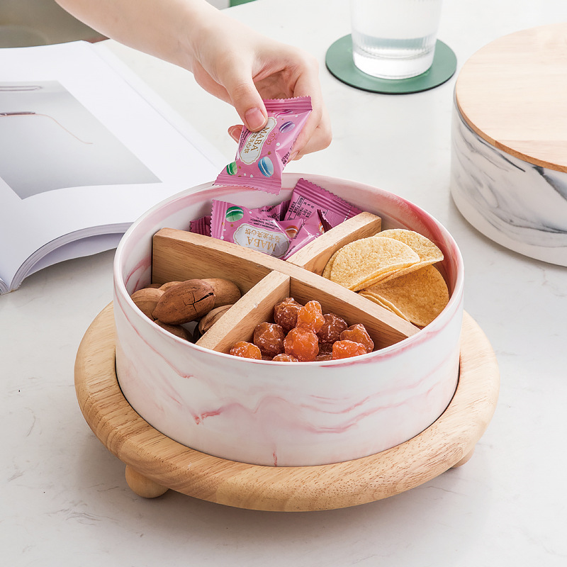 Wooden Oak Candy Box Household Living Room Coffee Table Ceramic Dried Fruit Tray Grid with Lid Internet Celebrity Snacks Fruit Swing Plate