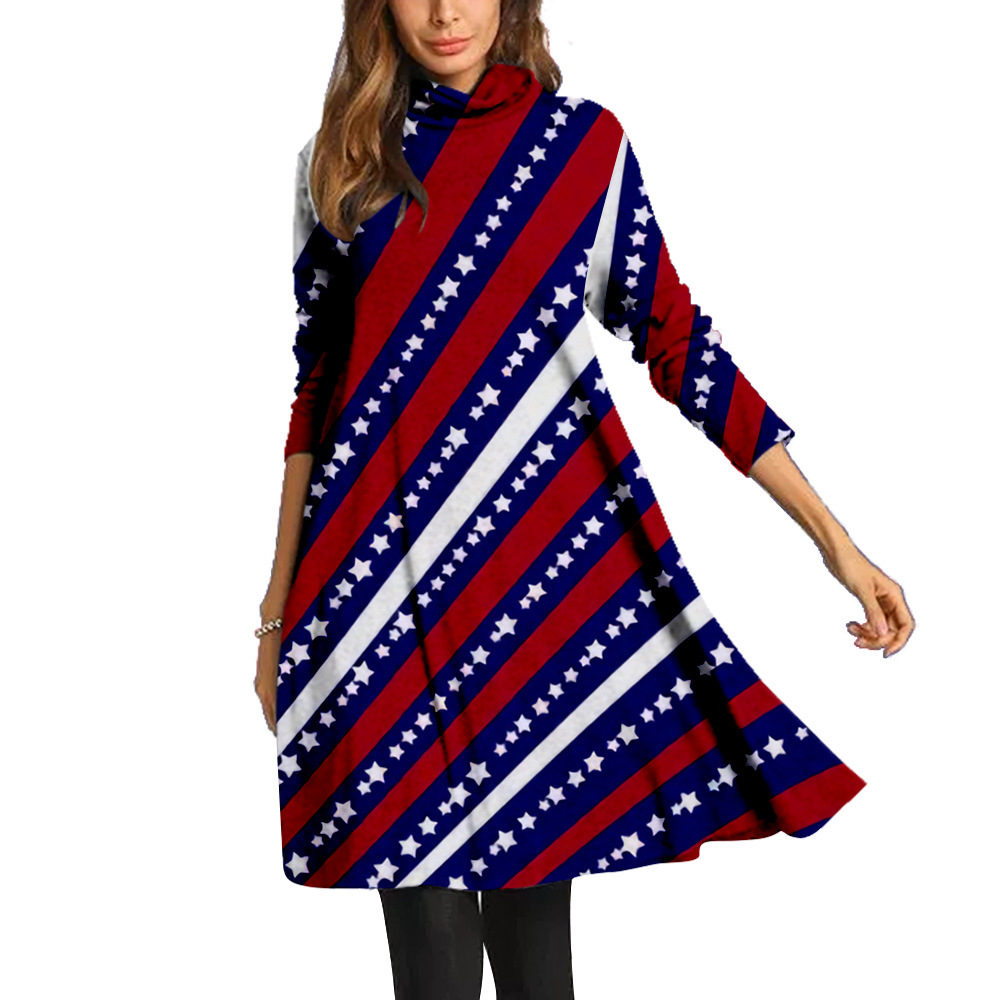 花卉扎染跨境欧美女装 高领连衣裙美国独立日 亚马逊外贸服装