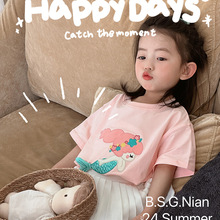 2024韩版儿童夏装新款印花T恤亮灯印花上衣女童短袖打底衫中小童