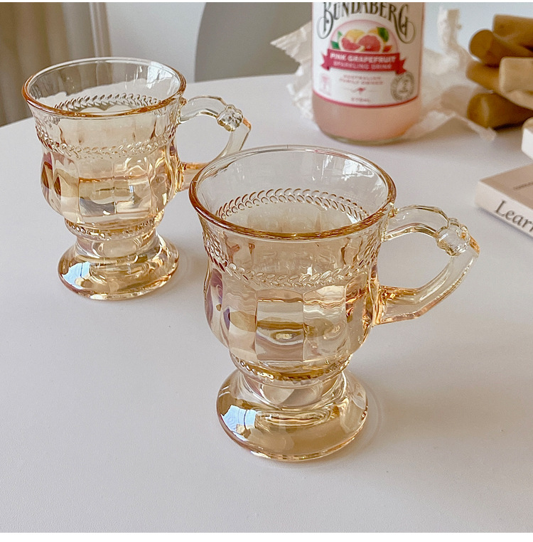 Heat Transfer Printing French Retro Glass Household Handle Cup Wine Glass Amber Latte Coffee Cup Hand Gift Cup