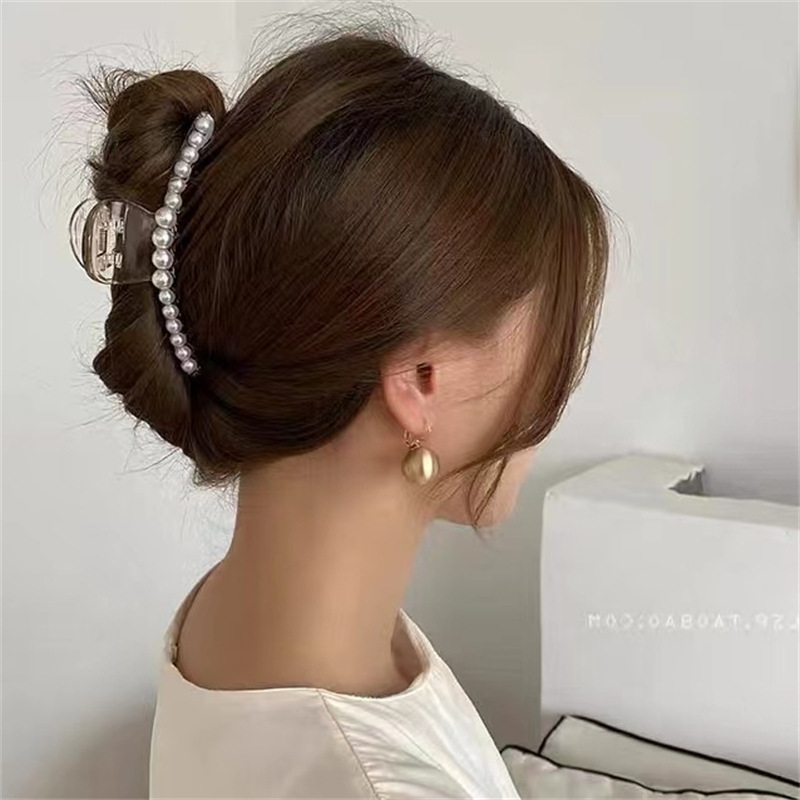 Korean Style Cross Pearl Grip Back Head Updo Hairpin Elegant Graceful Large Hair Claw Shark Clip Hairware Female
