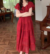 法式泡泡袖红色连衣裙夏季气质显瘦长裙旅游度假大裙摆仙女蛋糕裙