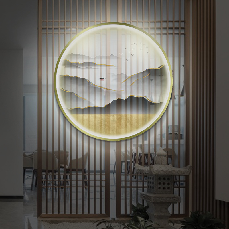 新中式圆形丝绢画客厅玄关屏风半透明装饰画走廊沙发背景带灯挂画
