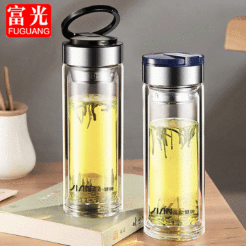 富光双层透明水晶玻璃水杯男女便携大容量带滤网泡茶杯子批发印字