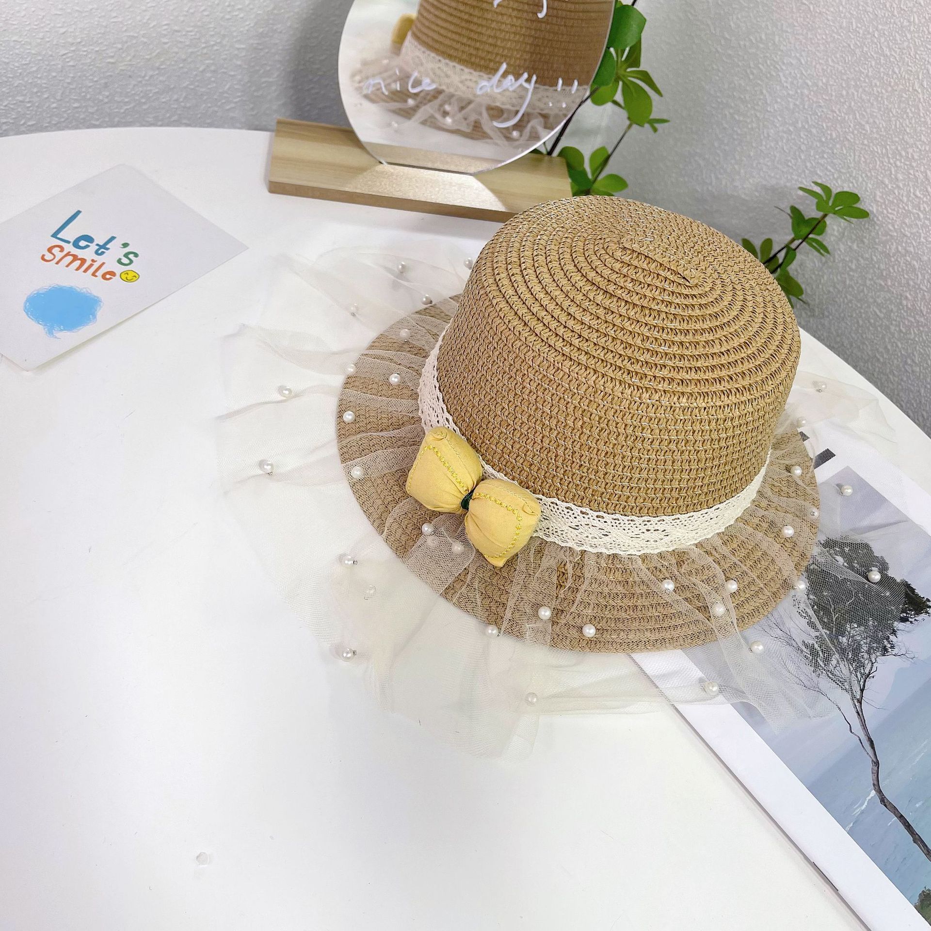 Children's Fairy Straw Hat Mesh Korean Style Spring and Summer Travel Wide Brim Sun Hat Bow Beaded Lace Fisherman Hat
