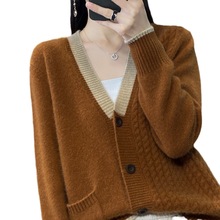 秋季新款气质优雅纯羊毛大码女装开衫通勤领外套纯色针织毛衣潮