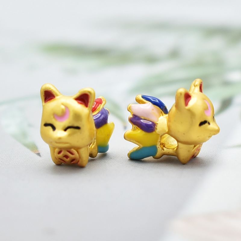 沙金仿金色时尚七彩九尾狐狸老金转运珠隔珠皮绳手链女 diy小配件