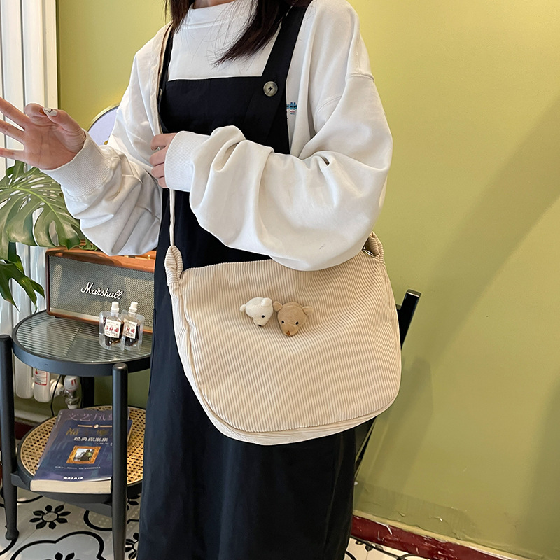 Korean Style Ulzzang Vintage Style All-Match Casual Cute Bear Pendant Soft Girl Student Corduroy Cross-Body Bag Female