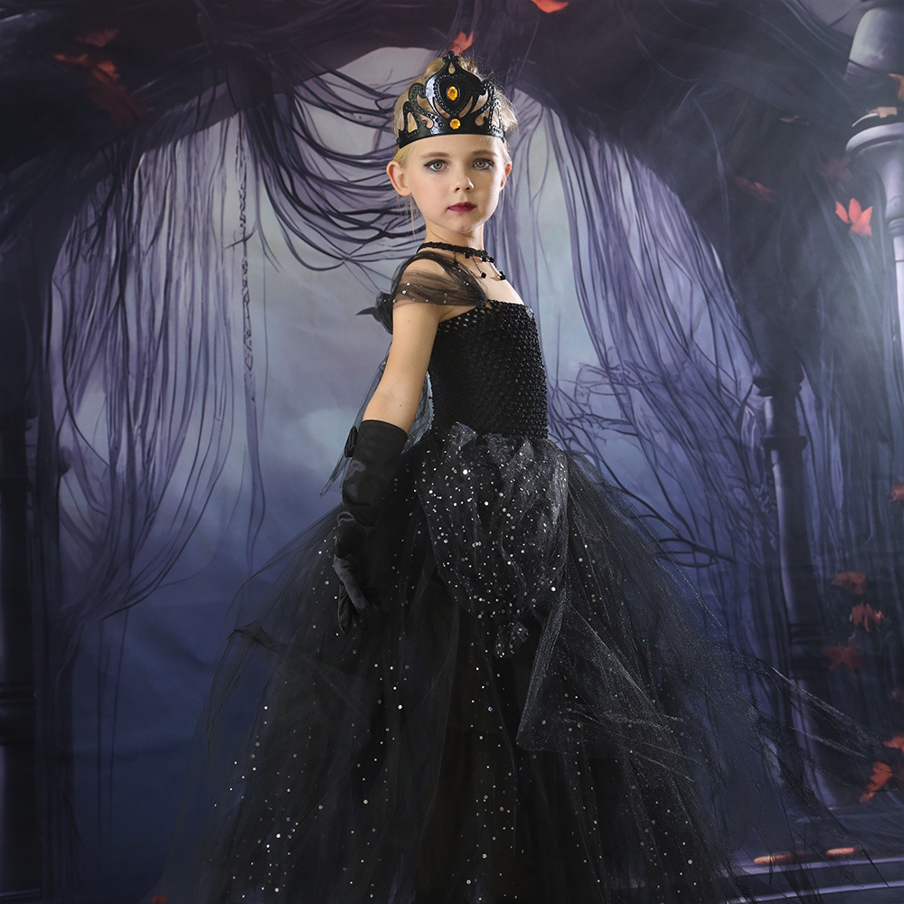 欧美万圣节儿童服装暗黑公主女巫长裙cosplay化妆舞会巫婆表演服