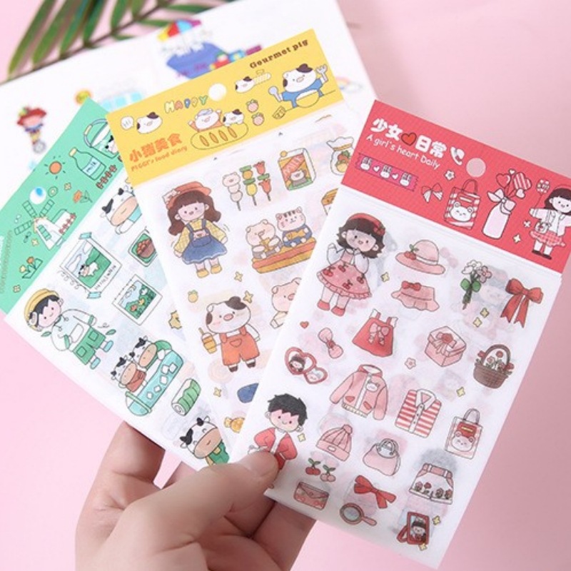 4张装卡通女孩手帐贴纸少女心手账素材贴儿童装饰diy