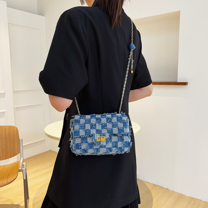 Chic Chanel-Style Popular Simplicity One Shoulder Bag Women's 2022 Spring New Arrival Denim Plaid Crossbody Small Square Bag