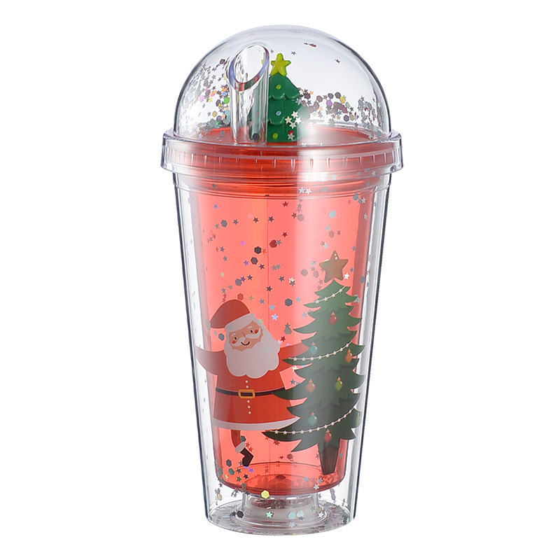 New Creative Double Plastic Straw Cup Internet Celebrity Christmas Gift Cup Colorful Christmas Element Cup with Lights
