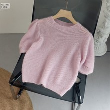 欧货2023春秋新款高级感流行马海毛毛衣女套头短款粉色毛衣羊毛衫