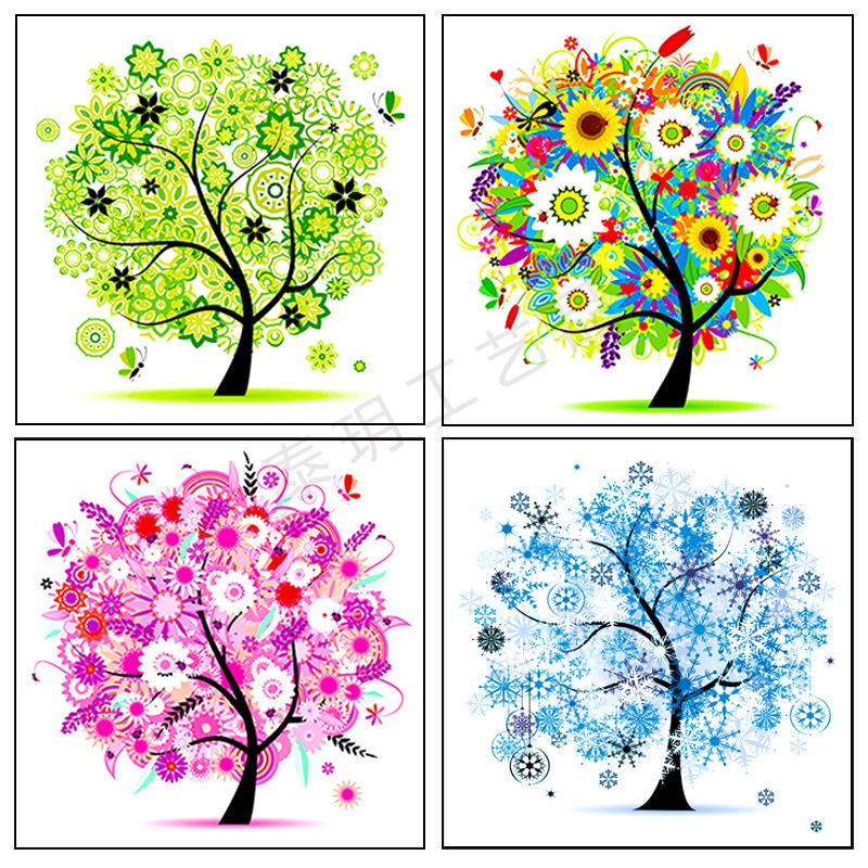 跨境热5d钻石画四季发财树风景满钻十字绣贴画背景墙装饰画壁画