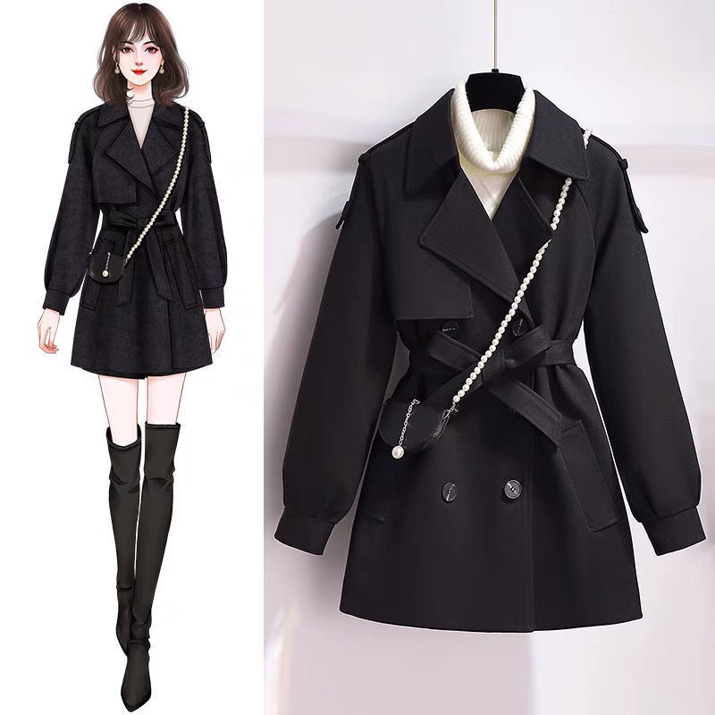 黑色短款毛呢大衣女秋冬季2024年新款小个子呢子加棉加厚夹棉外套