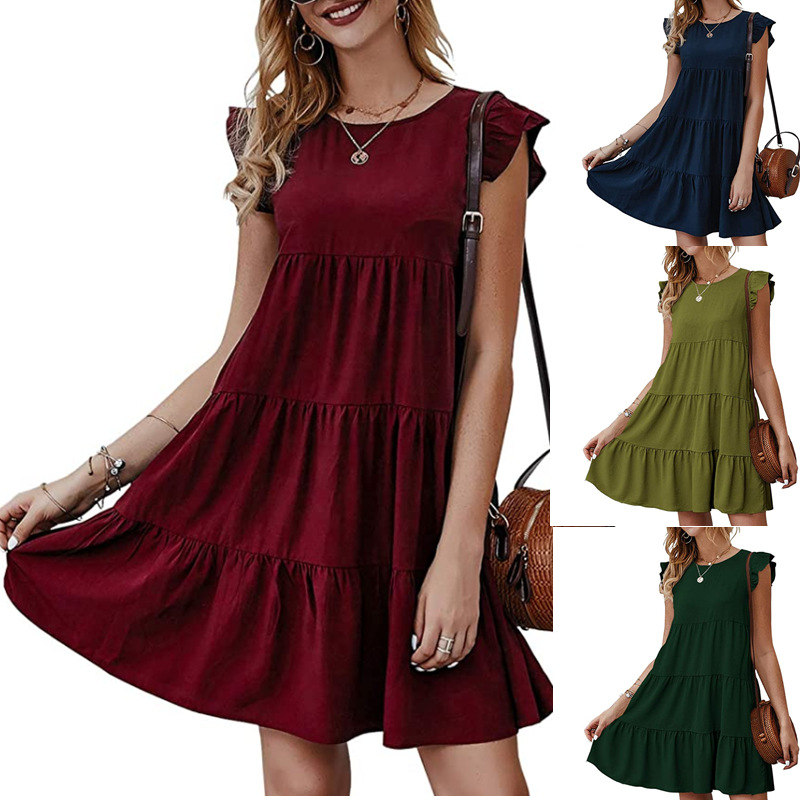 2023 Summer Women's Clothing New European and American Style Dress Solid Color round Neck Short Sleeves Casual Cake Dress Pleated Large Swing Skirt Women Clothes