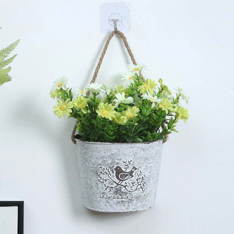 Wall-Mounted Iron Decoration Semi-Wall-Mounted American Retro Retro Wall-Mounted Flower Basket Pot Pot Indoor Hemp Rope Lanyard