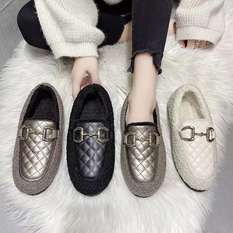 2023 Autumn and Winter New Cotton-Padded Shoes with Velvet Korean Style Slip-on Lofter Soft-Soled Furry Shoes Peas Shoes Slippers