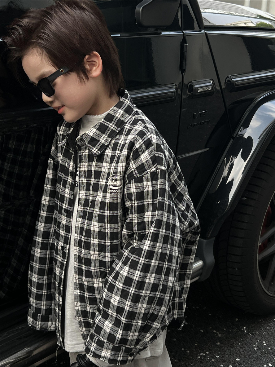 Trendy Brand Winter Children's Plaid Cotton Shirt American Retro Frayed Quilted Ultra-Light Warm Thick Shirt for Boys and Girls