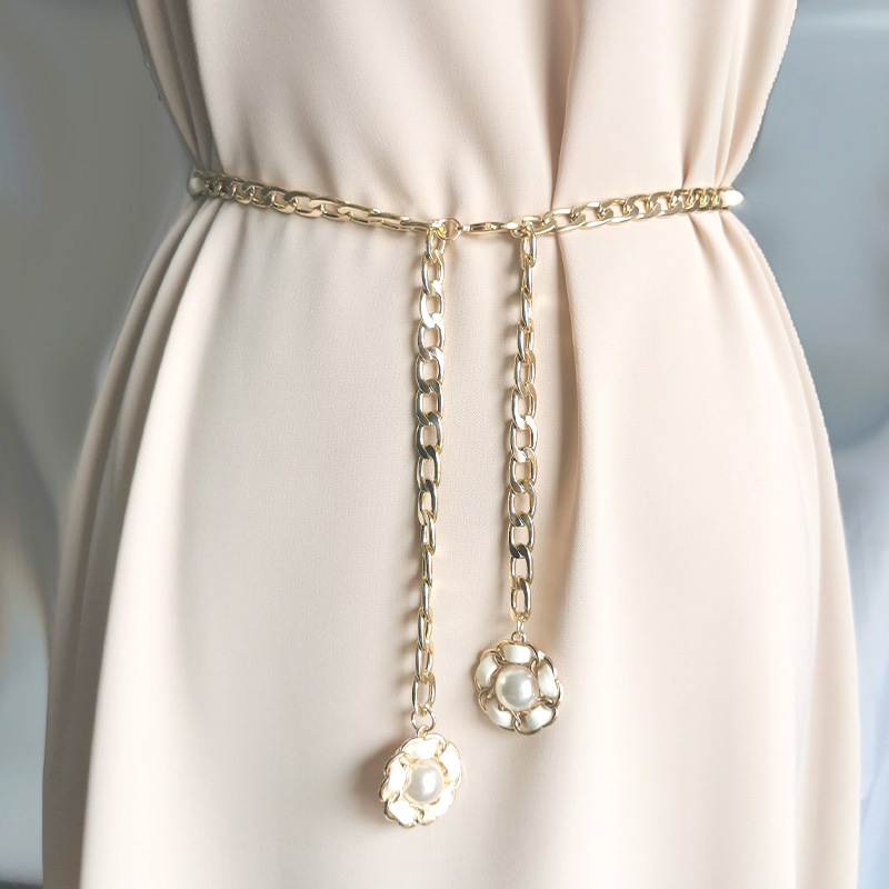 小香风珍珠腰带金色2021配小西装女装饰配裙子欧美编织腰链链子
