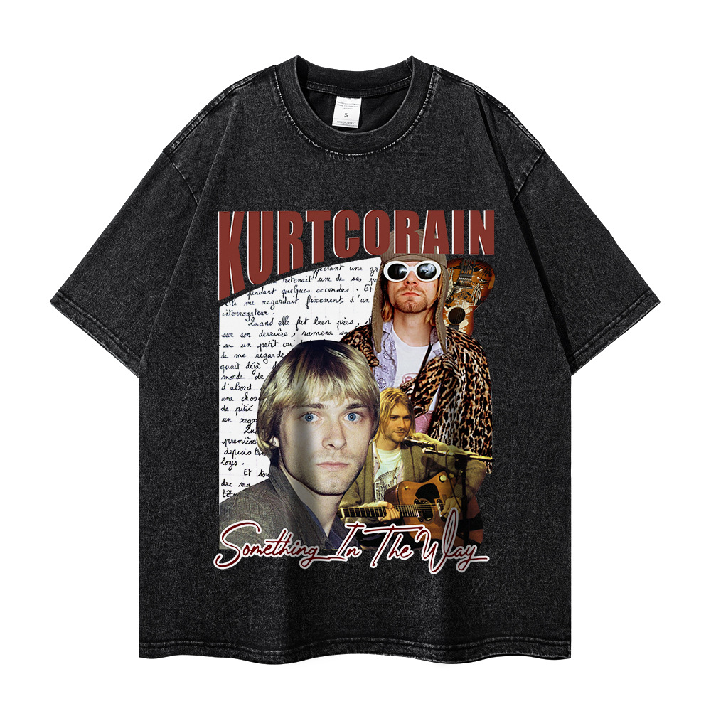 欧美摇滚歌手kurtcobain科特柯本印花重磅半袖做旧洗水t恤男潮牌