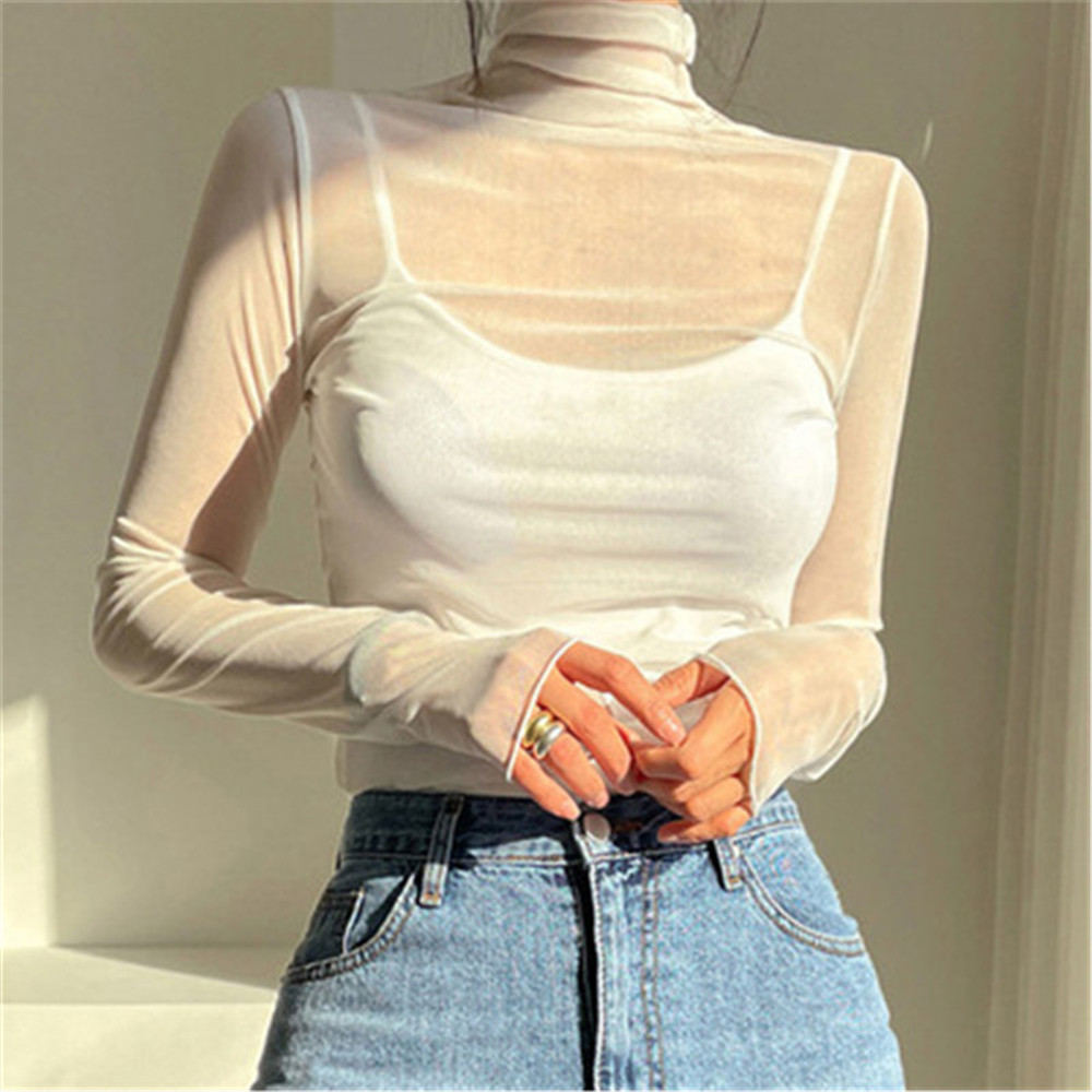 韩版透明网纱打底衫女春秋高领内搭长袖透视纱衣紧身有点透的上衣