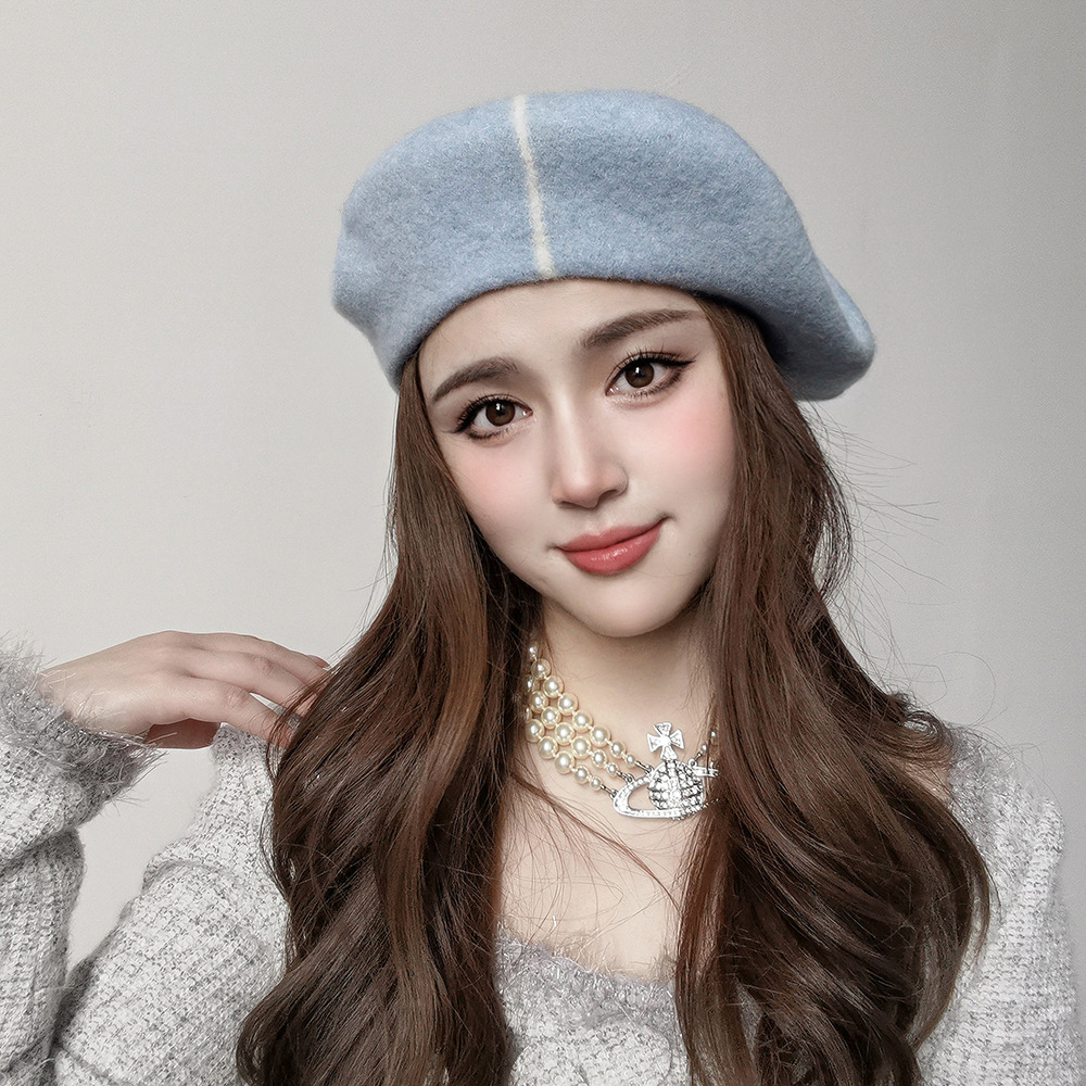 秋冬新款百搭线条贝雷帽休闲大头围100%澳毛画家帽女士保暖蓓蕾帽