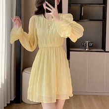 小个子黄色雪纺裙2024年春装新款法式高级感收腰显瘦仙女a字裙子