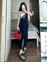 夏季韩版新款时尚高腰显瘦chic中长款开叉牛仔背带裙连衣裙女裙子
